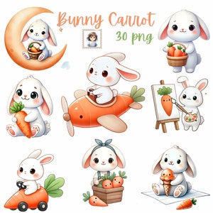 Collection d'illustrations aquarelles fantaisistes pour amateurs de carottes et lapins - 30 modèles PNG uniques pour travaux manuels, cartes et scrapbooking
