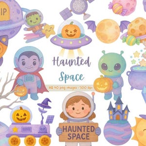 Może przedstawiać: Kapryśna ilustracja z elementami kosmicznymi o tematyce Halloween. Zawiera rakietę, planety, wampira-astronautę, kosmitę z dynią i tekst "Haunted Space". Paleta kolorów jest pastelowa.