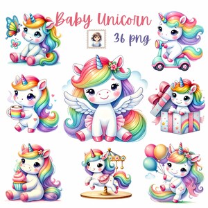 Watercolor Baby Unicorn Clipart: Rainbow PNG Collection (36 Files)
