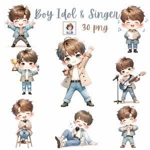 Süßes Idol & Singer Boy Clipart Set - 30 PNG-Dateien des entzückenden Jungen als Popstar, perfekt für Kinderpartydekor, Einladungen, digitales Kunsthandwerk