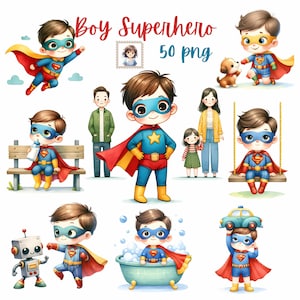 Puede incluir: Colección de ilustraciones de dibujos animados que presentan a un niño superhéroe en varias poses. El niño lleva una máscara azul, un traje y una capa roja. Otras ilustraciones incluyen un robot, un perro y miembros de la familia. También está presente el texto "Boy Superhero 50 PNG".