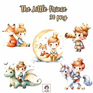 Skurril kleiner Prinz & Drache: 30 PNG Clipart Aquarell Illustrationen - Digitaler Download - Kommerzielle Nutzung - QUARantia - Sublimation