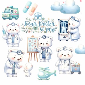 Médecin ours : 50 illustrations PNG aquarelle HQ de docteur ours - téléchargement numérique instantané - utilisation commerciale - meilleure vente - sublimation