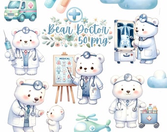 Doctor Bear Watercolor Clipart: 50 PNG Illustrations (Digital Download)