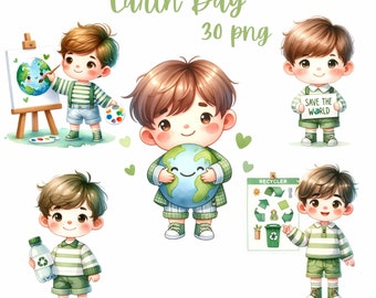 Earth Day Explorer: 25 PNG Boy in Earth Day Concept Watercolor Clipart - Digital Download - Commercial Use - HQ transparency - Sublimation