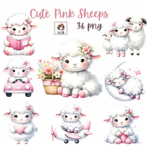 Schattige roze schapenkwekerij: 36 aquarel PNG-illustraties - Instant Download - Commercieel gebruik - HQ transparantie - sublimatie - cadeau voor meisje