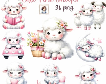 Adorable Pink Sheep Nursery: 36 Watercolor PNG Illustrations -Instant Download -Commercial Use - HQ transparency -sublimation -Gift for girl