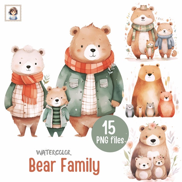 Bear Hugs Family Clipart: 15 HQ Watercolor PNG Illustrations - Digital Download - Commercial Use - HQ transparency - Sublimation