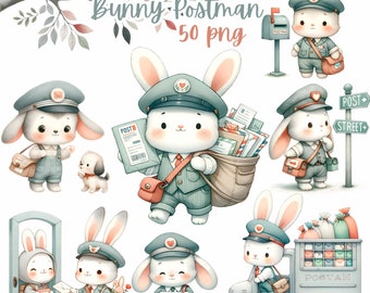 Bunny Postman Watercolor Clipart: 50 PNG Illustrations (Digital Download)