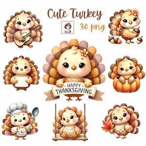 Adorable ensemble de cliparts dinde de Thanksgiving - 30 fichiers PNG aquarelle pour travaux manuels des Fêtes, invitations, décoration, scrapbooking et projets de bricolage