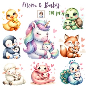 Maman et bébé animal : 101 adorables fichiers clipart PNG aquarelle de familles d'animaux pour la décoration de chambre d'enfant, les invitations et les travaux manuels - Meilleure vente