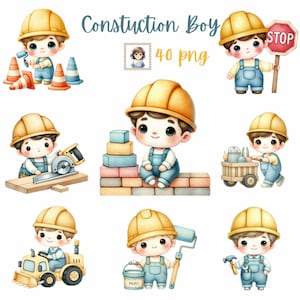 Clipart construction garçon – 40 fichiers PNG de mignons garçons aquarelles dans des casques de protection pour projets d'enfants, décoration de fête, travaux manuels créatifs et éducation