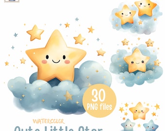 30 Cute Twinkle Little Star Clipart Bundle Watercolor - Instant Download - Commercial Use - HQ transparency - sublimation