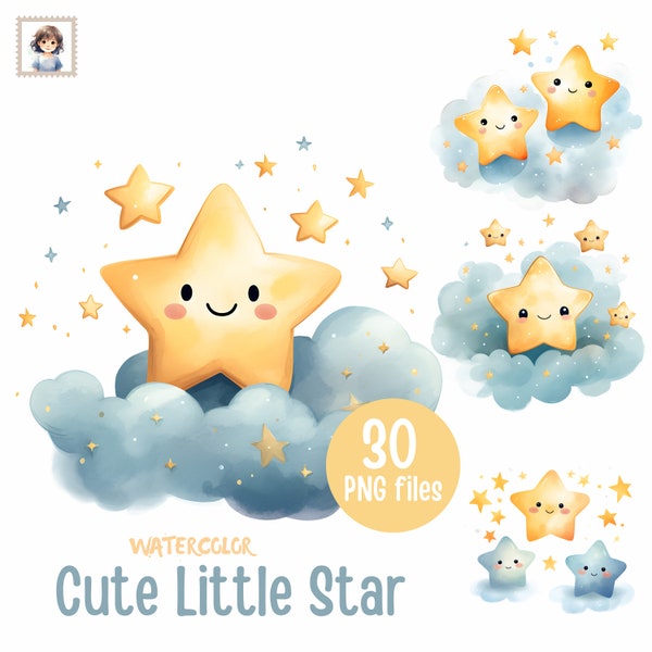 30 süße Twinkle Little Star Clipart Bundle Aquarell - Sofortiger Download - Kommerzielle Nutzung - HQ-Transparenz - Sublimation