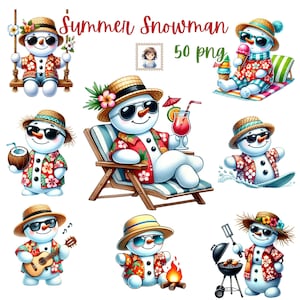 Deleite de muñeco de nieve soleado: 50 ilustraciones PNG en acuarela de muñecos de nieve de verano - Uso comercial - Transparencia - Sublimación - Más vendido