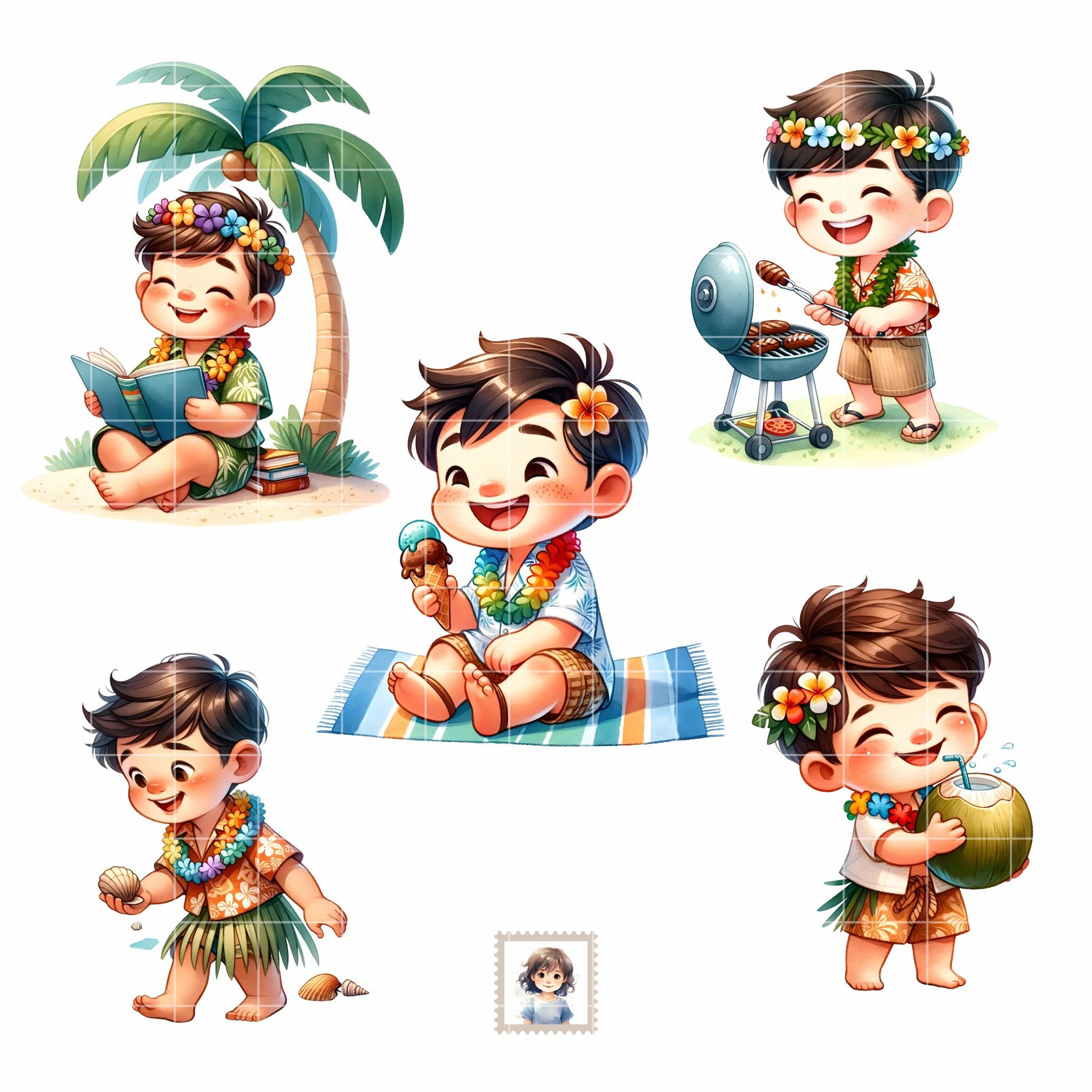 Aloha Boy Watercolor Illustrations: Summer Hawaiian PNG Clipart ...