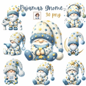 May include: A set of 30 digital illustrations of gnomes wearing blue and white pajamas with yellow stars. The gnomes are in various poses, including holding a pillow, a bottle, and a sign that says "Good Night".