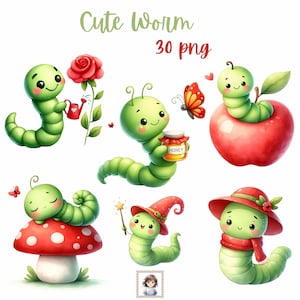 Amigos Gusanos Alegres: 30 Lindos Gusanos Acuarela Clipart PNG - Descarga Digital - Uso Comercial - Transparencia HQ - Sublimación - Para Niños