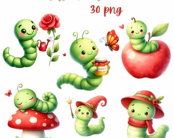 Cheerful Wormy Friends:  30 Cute Worm Watercolor Clipart PNGs - Digital Download - Commercial Use - HQ transparency - Sublimation - For kid