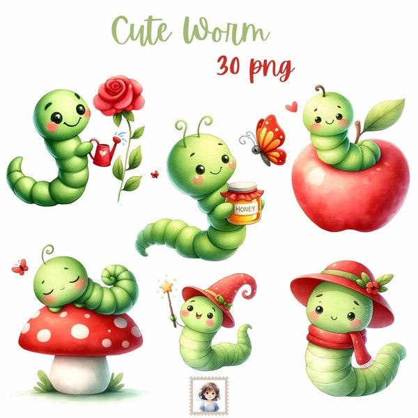 Cheerful Wormy Friends:  30 Cute Worm Watercolor Clipart PNGs - Digital Download - Commercial Use - HQ transparency - Sublimation - For kid