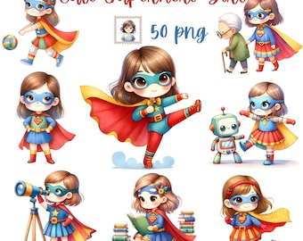 Watercolor Superhero Girl Clipart: 50 PNG Illustrations (Digital Download)