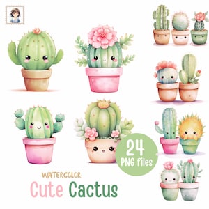 Prickly Pals: 24 clipart de cactos aquarela kawaii em alta qualidade PNGs - Download digital - Uso comercial - Transparência em alta qualidade - Sublimação