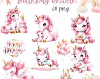 Pink Unicorn Birthday Clipart: Kawaii Watercolor Illustrations (60 PNG)