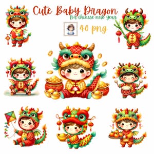 Joli bébé dragon clipart pour le nouvel an chinois - 40 fichiers PNG d'illustrations festives à l'aquarelle pour travaux manuels et décorations