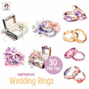 Anéis eternos de amor: 30 HQ Watercolor Wedding Ring Clipart PNG - Download digital instantâneo - Uso comercial - Transparência HQ - Sublimação
