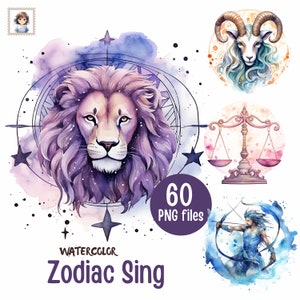 Lot de 60 cliparts zodiaque aquarelle - Illustrations PNG - téléchargement immédiat - usage Commercial - transparence HQ - cadeau astrologie