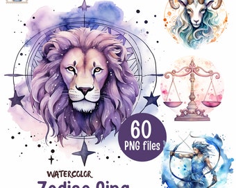 May include: Watercolor illustrations of the zodiac signs. The signs are depicted as animals, including a lion, ram, and archer. The illustrations are surrounded by stars and a compass.