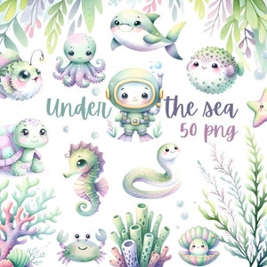 Undersea Wonders: 50 HQ Watercolor PNG Illustrations of Sea Ocean Animals - Instant Download - Commercial Use - sublimation - Best selling