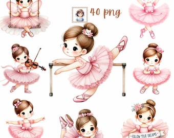 Watercolor Ballerina Clipart: 40 Pink Dance Theme PNGs (Digital Download)