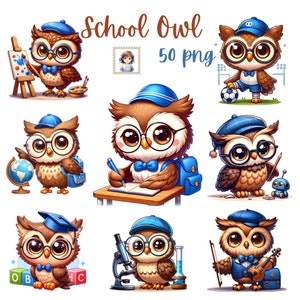Skurril Schule Eule Clipart | 50 PNG Illustrationen | Zurück in die Schule | Niedliche Eulen | Geschenke für Lehrer | Kunst lernen | Kommerzielle Nutzung