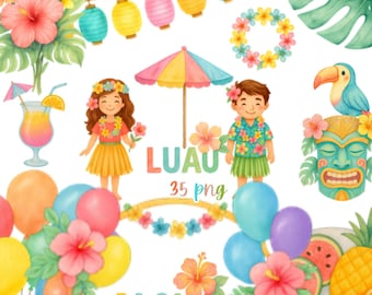 May include: Watercolor illustration with a tropical theme. Features a variety of elements including hibiscus flowers, balloons, a toucan, tiki mask, and the words "Luau" and "Aloha". Includes illustrations of people in Hawaiian attire.