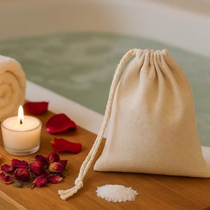 Puede incluir: Un arreglo temático de spa con una toalla blanca enrollada, una vela encendida en un portavelas de vidrio y una bolsa con cordón. Pétalos de rosa rojos y flores secas están esparcidos sobre una superficie de madera, con un pequeño montón de sal blanca. El fondo muestra una bañera.