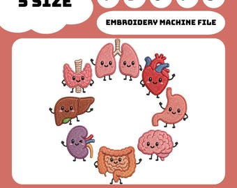 Organ Friends Wreath Embroidery Design, Kawaii Anatomy Machine File, Medical Pattern