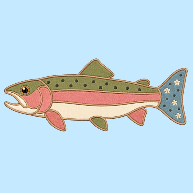 May include: An embroidered patch shaped like a trout fish with a green back featuring black spots, a pink lateral stripe, and a cream-colored belly. The tail fin is blue with small black dots and white flower-shaped accents, outlined in tan thread.