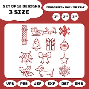 May include: A set of 12 red outline embroidery machine designs in 1, 2, and 3 inch sizes. The icons include a Christmas cracker, Santa in a sleigh, snowflakes, a tree, a gift, an ornament, lights, a bow, a star, holly, and a dog in a hat.