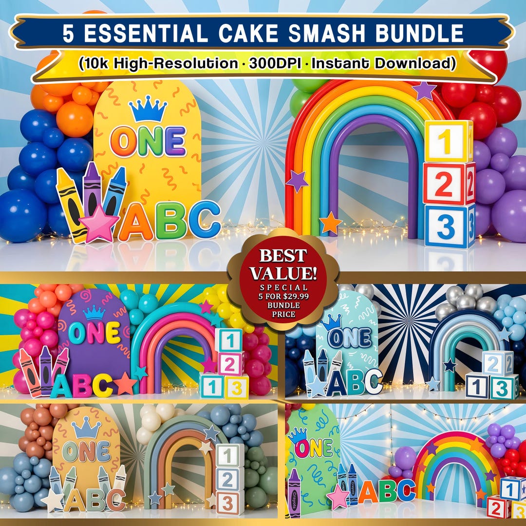 Abc Rentals Backdrop 5 ABC Digital Backdrop Bundle, Cake Smash Background, Crayon 1st ...