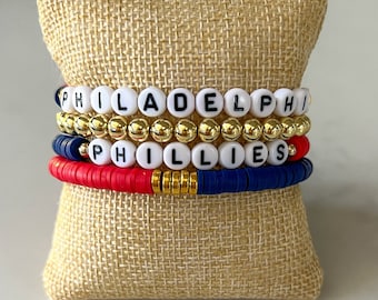 Philadelphia Phillies bracelets, MLB bracelets, baseball bracelets, Phillies jewelry, Phillies gift, Stacking bracelets, Heishi Beads