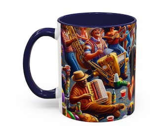 May include: White ceramic mug with a navy blue interior and handle. The mug features a vibrant illustration of a street band playing instruments, including a tuba and accordion. The scene is filled with people and colorful details.