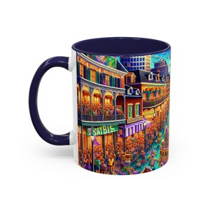 Taza, celebración del carnaval de Nueva Orleans, taza de café colorida, diseño del Barrio Francés, catedral de San Luis, tranvía, cocina festiva