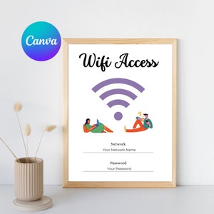 Puede incluir: Un cartel enmarcado con las palabras "Wifi Access" en escritura negra. Debajo hay un símbolo wifi morado e ilustraciones de personas que usan dispositivos. El cartel incluye campos para el nombre de la red y la contraseña.