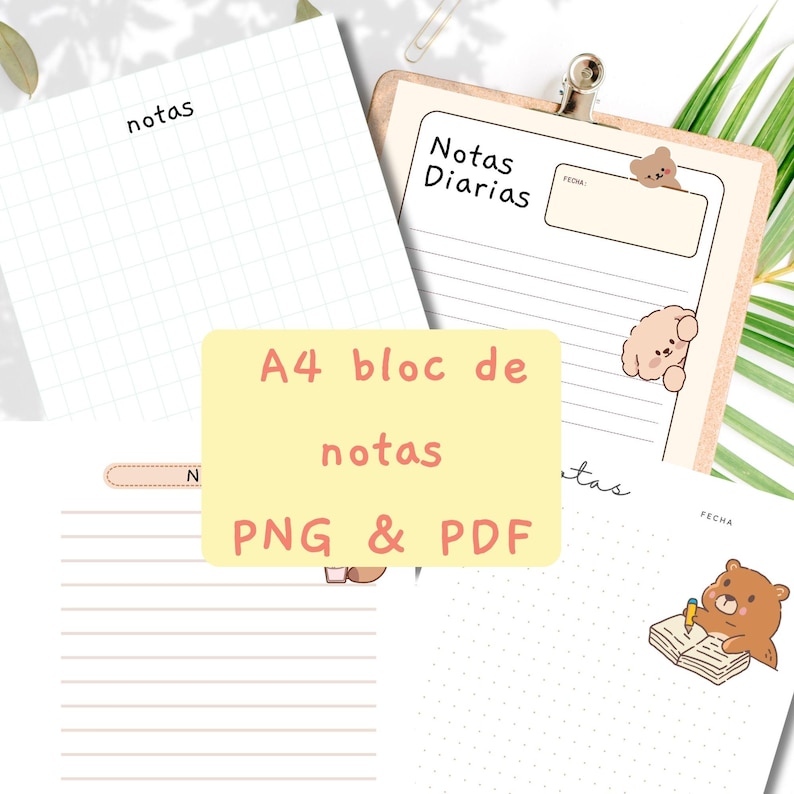 Blocs De Notas A4 Digitales Lindos | Pack De 4 Archivos PNG Y PDF ...