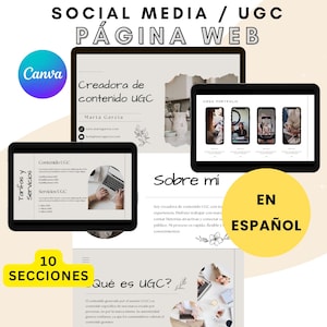 Könnte beinhalten: Ein Website-Mockup für einen Social-Media-Content-Ersteller. Die Website ist auf Spanisch und hat einen hellbeigen Hintergrund mit floralen Illustrationen. Der Text auf der Website lautet: "Social Media / UGC Pagina Web", "Creadora de contenido UGC", "Marta Garcia", "Contenido UGC", "Servicios UGC", "Sobre mi", "EN ESPAÑOL", "10 SECCIONES" und "Que es UGC?"