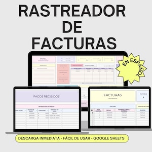 Pode incluir: Um modelo de planilha digital para o acompanhamento de faturas e pagamentos. O modelo é projetado para uso com o Google Sheets e está disponível para download imediato. O modelo inclui seções para os detalhes da fatura, informações de pagamento e um resumo das faturas pendentes. O modelo está em espanhol.