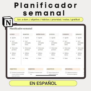 Peut inclure: Un planificateur hebdomadaire en espagnol avec des sections pour le lundi au samedi. Chaque jour a de l'espace pour un agenda, les 3 tâches principales, d'autres choses à faire, des habitudes quotidiennes et des notes. Le planificateur comprend également des sections pour un objectif, des habitudes, la gratitude et des tâches facultatives.