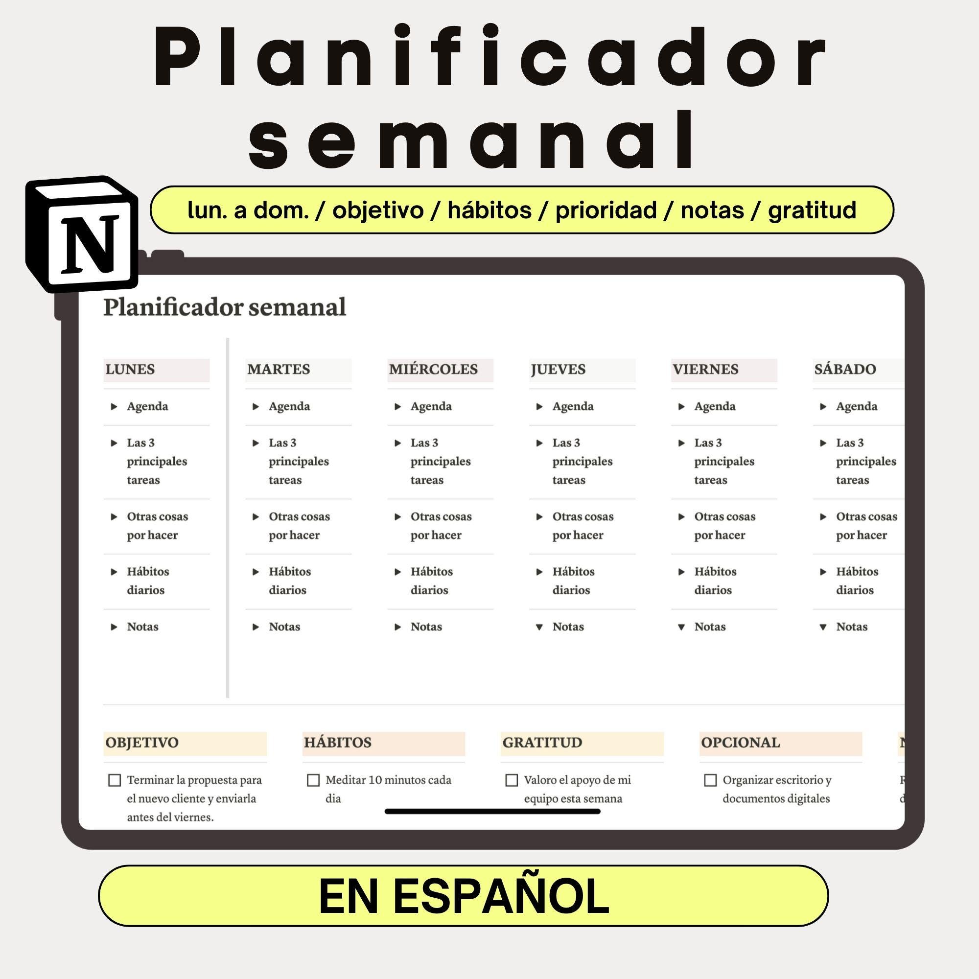 Plantilla Notion, Planificador semanal, Agenda Notion, Tareas diarias, Organización Notion, Planificación semanal, Planificador de tareas