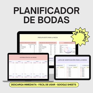May include: A digital planner for wedding planning in Spanish. The planner includes a budget spreadsheet, a seating chart, and a checklist. The planner is available for immediate download and is easy to use with Google Sheets.